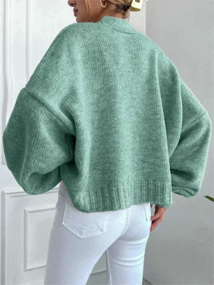 秋冬カーディガン女性のカジュアルルーズ V ネックランタンスリーブニットセーターファッションシングルブレスト通勤服