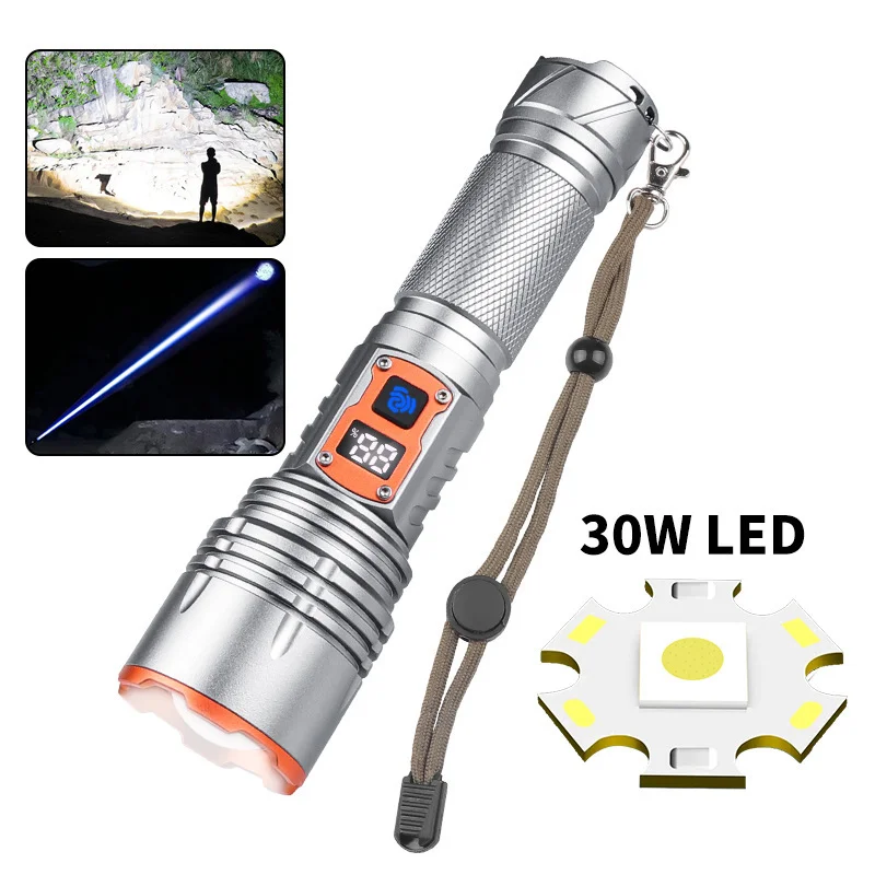 30W LED Flashlight Rechargeable Tactical Flashlight with Digital Power Display Telescopic Zoomable Handheld Torch for Camping