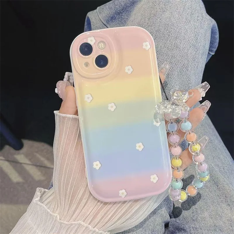 Rainbow Gradient Petals Phone Case For iPhone 14 Plus 7 8 X XS XR 11 12 13 Pro Max Silicone Cases Cover With Lanyard