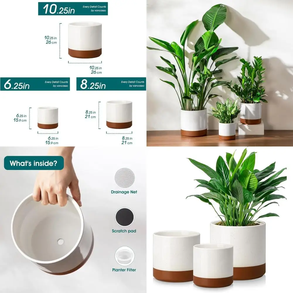 

Большие кашпо для наружного использования в помещении с дренажными отверстиями, керамика, набор из 3 шт., хаки для растений