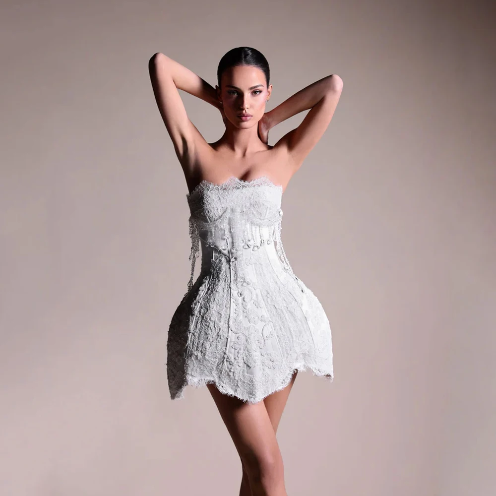 

Mini A-Line Applique Wedding Dresses Strapless Lace Minimalist Civil Bride Gowns Above Knee Sleeveless robe de mariée Customized
