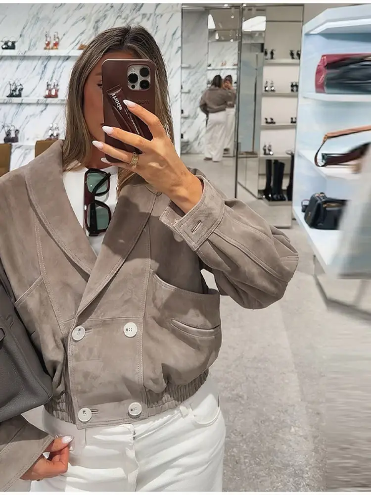 

Модная замшевая кожаная куртка с большим карманом и v-образным вырезом, однотонное пальто с длинными рукавами, новинка 2025 года, повседневная двубортная верхняя одежда