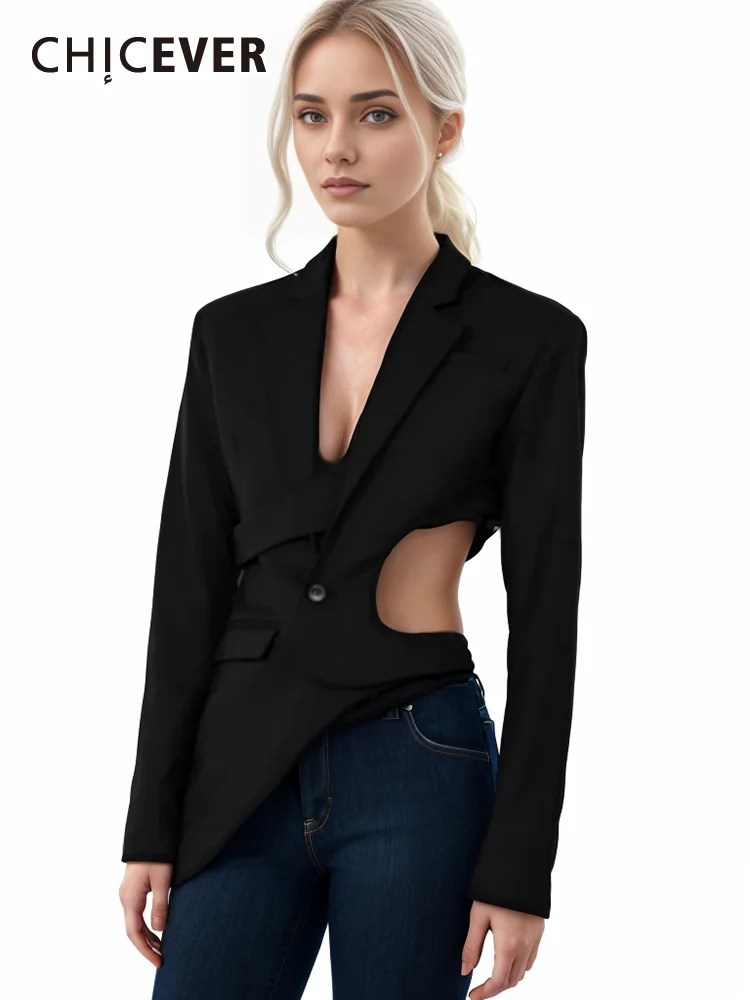 CHICEVER Minimalist Irregular Hollow Out Blazers For Women Notched Long Sleeve Single Button Solid Slim Temperament Coats Female