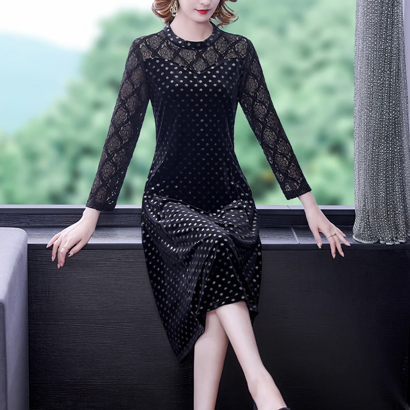 NYFS الدانتيل المرقعة الذهبي المخملية جديد الخريف طويلة الأكمام فساتين امرأة Vestidos رداء Ete فام Elbise فستان طويل فضفاض