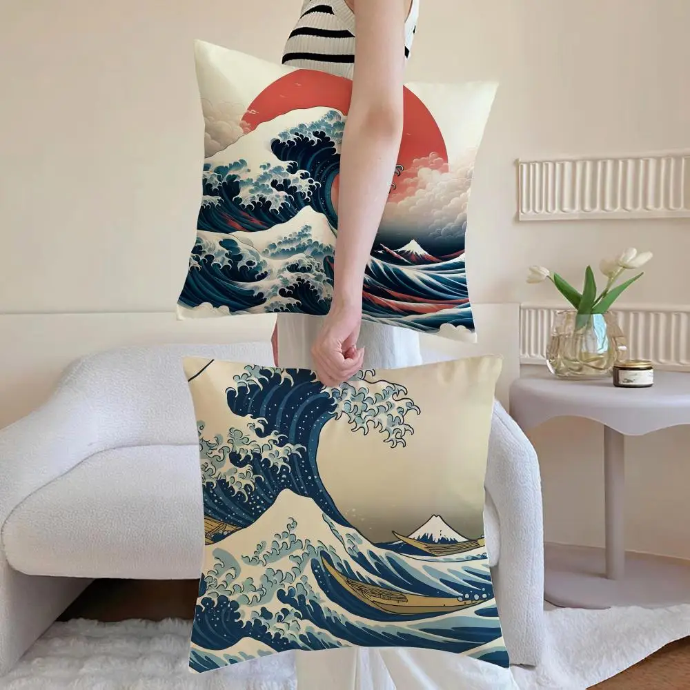 H-Hokusai Great Wave Cushion Cover Washable Linen Pillowcase Soft  for Daily Sofa Bed Home Room Decor