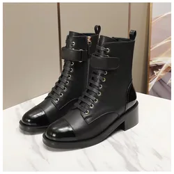 High Quality Genuine Leather Women's Boots Autumn Winter Lady's Short Boots Mid Heel Comfort Shoes Motorcycle Boots Cowhide 41