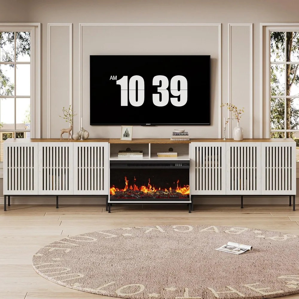 حامل تلفزيون مدفأة زجاجية ثلاثي الجوانب لأجهزة التلفاز حتى 110 بوصة، مركز ترفيه مع مدفأة كهربائية مقاس 36 بوصة، عتيق Whi