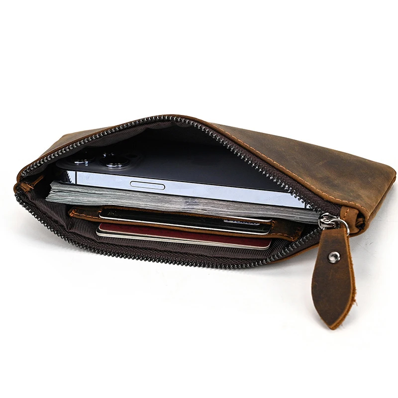 Genuine Full Grain Crazy Horse Leather Men Wallet Minimalist Slim Coin Purse Vintage Cowhide Hand Clutch Card Holder Zero Wallet