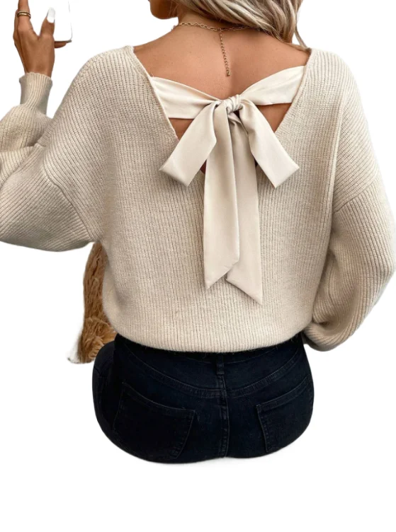 

Casual Bow Lace Up Sweater For Women Loose Solid Color V-neck Long Sleeved Knitted Pullover Autumn Winter New Top