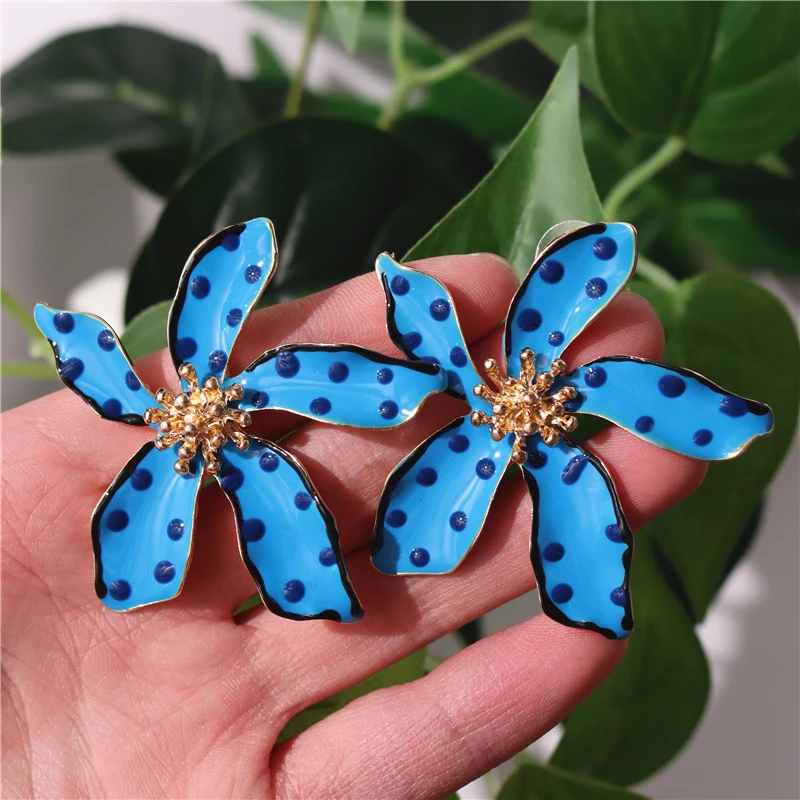 Bule Dropping Oil Enamel Big Flowers Wave Dot Exaggerated Trend Earrings for Women Girl Party Summer Vintage Jewelry HUANZHI