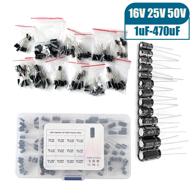 120PCS Electrolytic Capacitor Kit 16V 25V 50V 1uF-470uF Aluminum Electrolyte Capacitors - 12 Values DIP for Electronics Projects