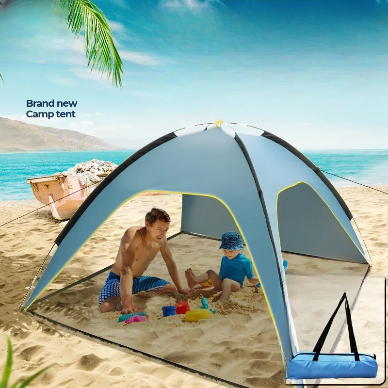 

Silver polyester coated beach tent sun and rain resistant three sided quick opening good ventilation outdoor tent