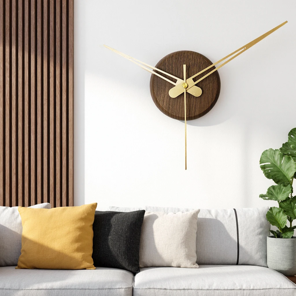 Nordic Minimalist Wall Clock Walnut Wood Gold Metal Hands Silent Quartz Battery Operated No Digit Modern Decor for Living Room