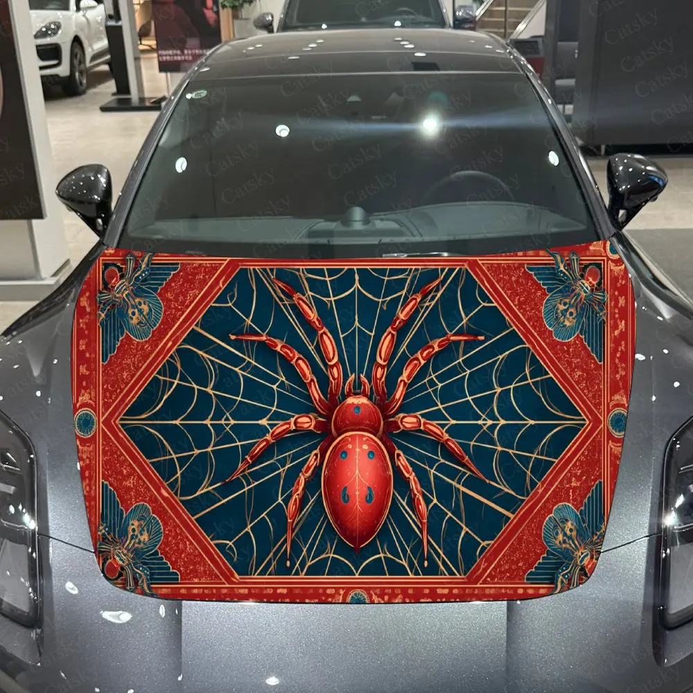 Retro Red Spider Gothic Art PVC Car Hood Wraps, Self-Adhesive Waterproof Car Bonnet Decal Sticker, Car Decoration Protection Sti