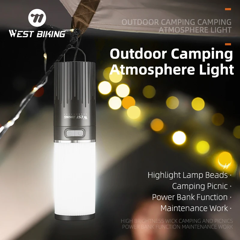 

WEST BIKING Portable Camping Light Outdoor Atmosphere Camping Lantern Hanging Tent Light Type-C Rechargeable Led Flashlight