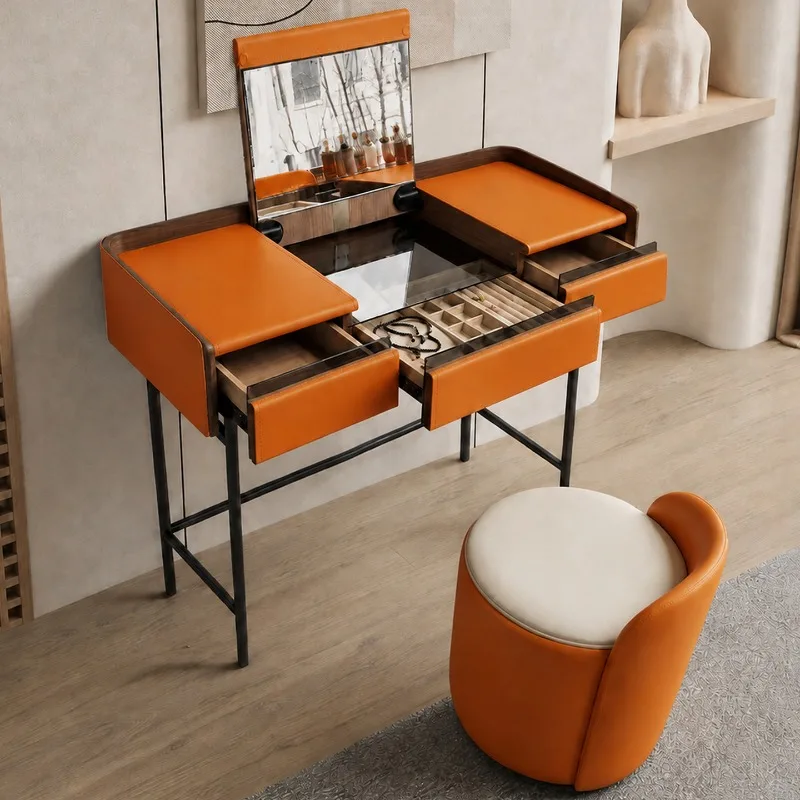 dresser flip cover, Italian leather high-end dresser, solid wood bedroom high-end makeup table