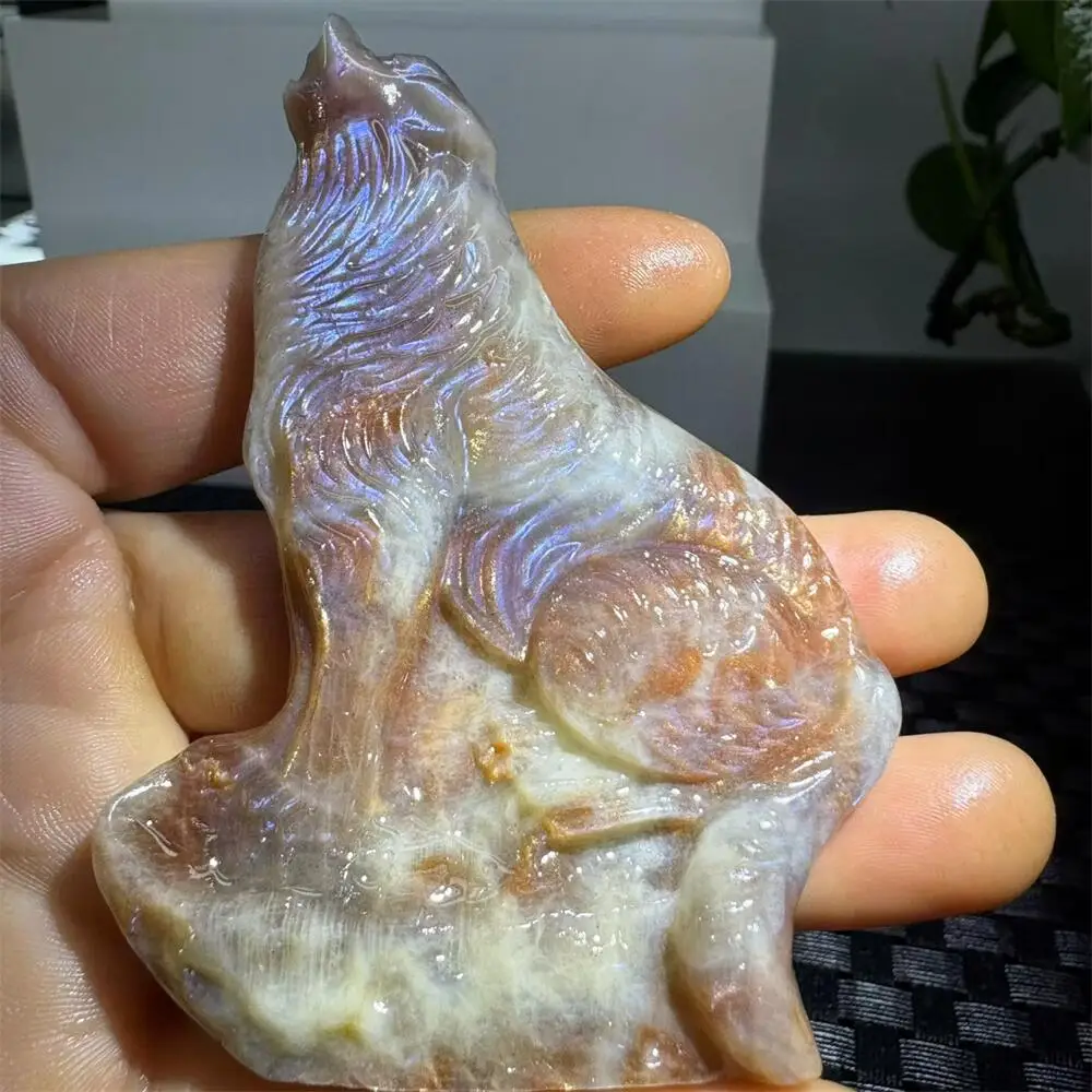 1PCS Natural moon stone wolf Carving Healing Gemstone Animal Figurine Reiki Stone Lucky Decoration Gift