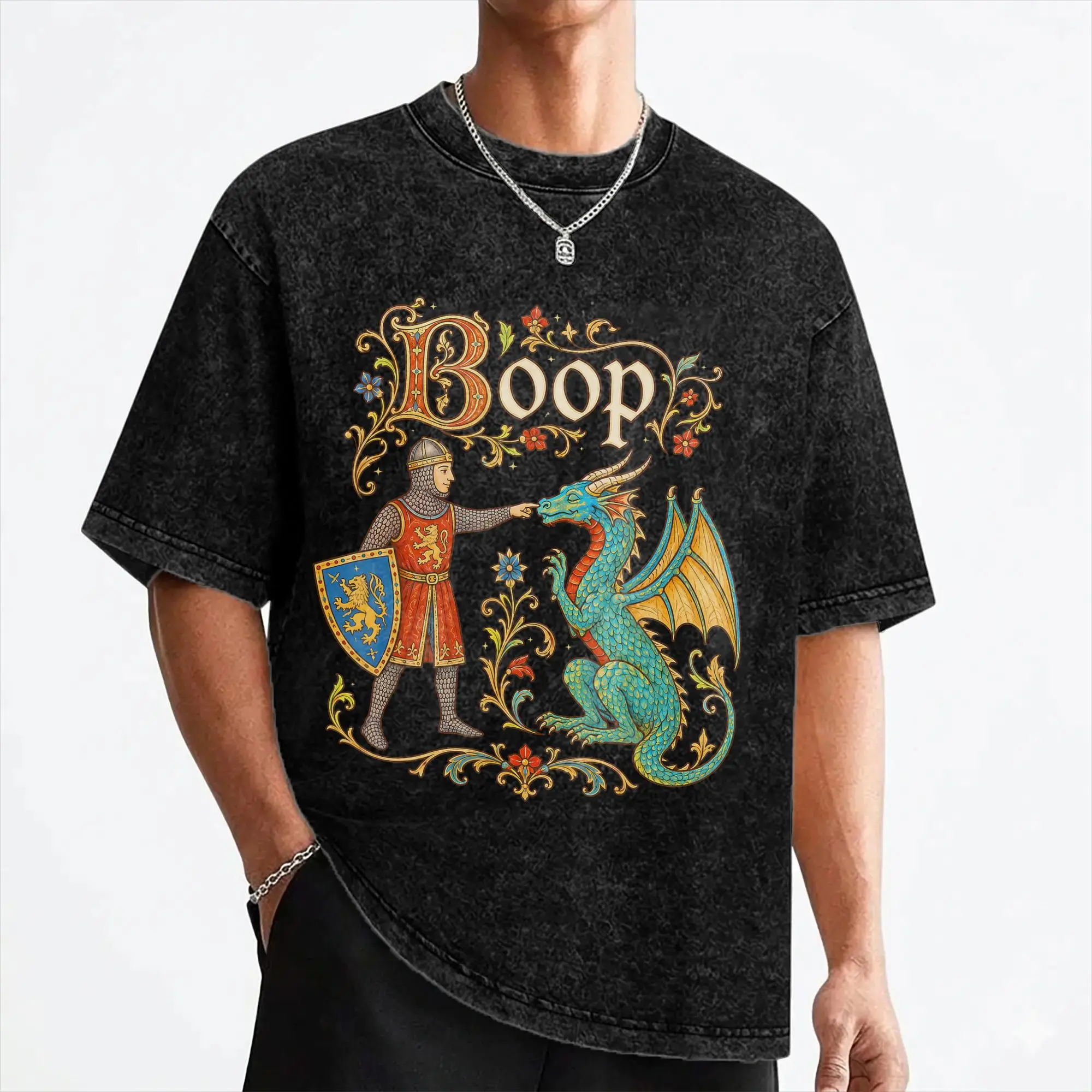 Le Boop Medieval Knight Dragon T Shirts Washed Short Sleeve Oversize T-Shirt  Vintage for Men Women Streetwear Printed Tees