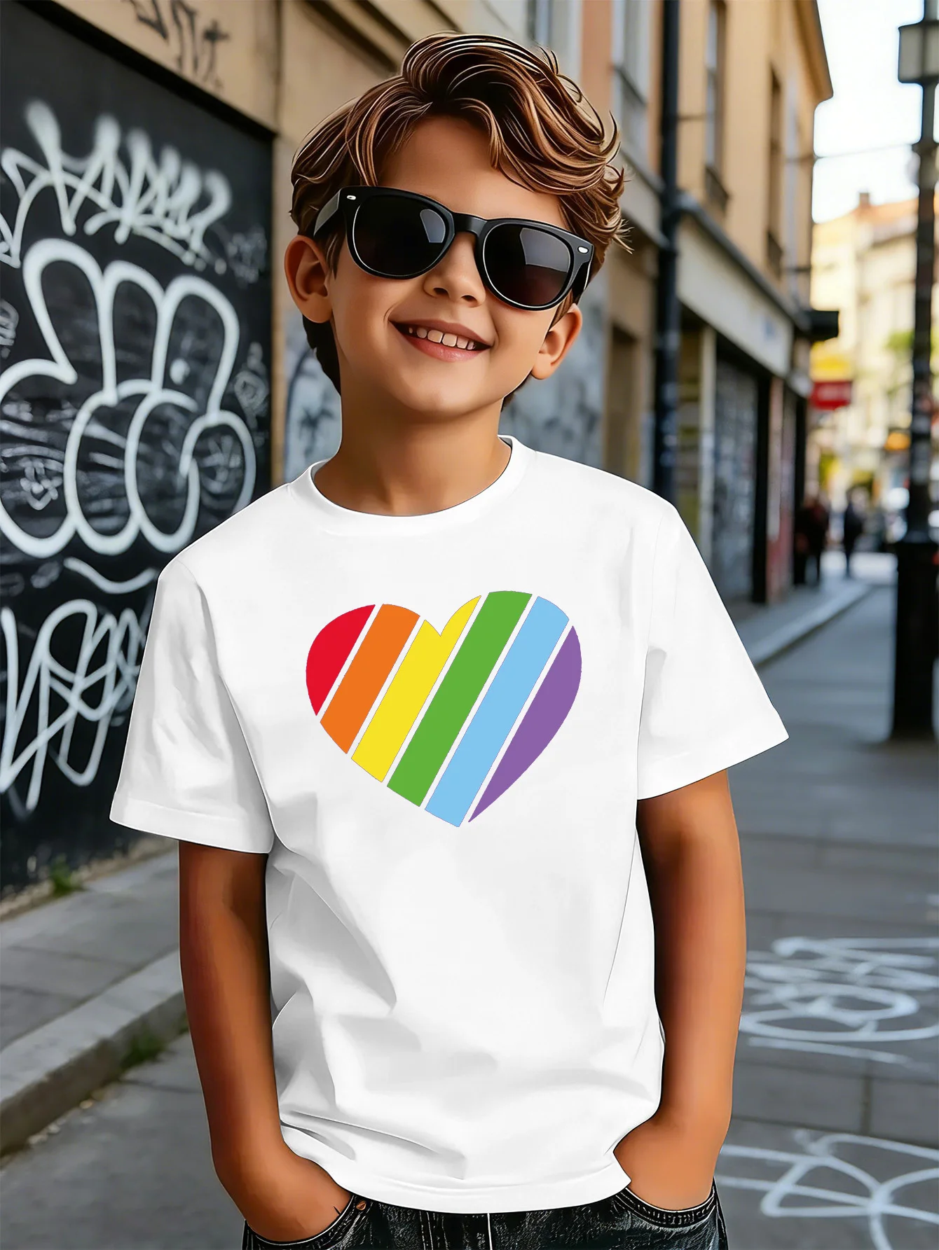 Bright Rainbow Striped Heart Love Print Boys Girls Family Matching Cotton Short Sleeve Crew Neck Soft Summer Kids Casual Tees