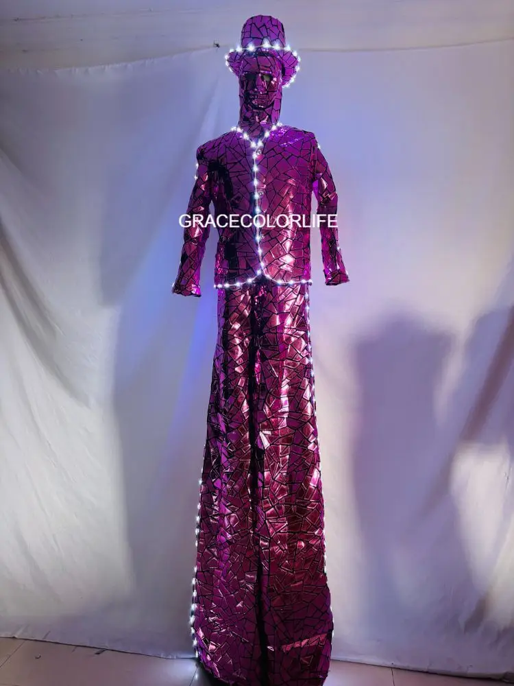 Costume da robot da passeggio con trampoli per tutto il corpo con luci a LED, paillettes scintillanti per spettacoli teatrali per adulti, spettacoli di eventi cosplay