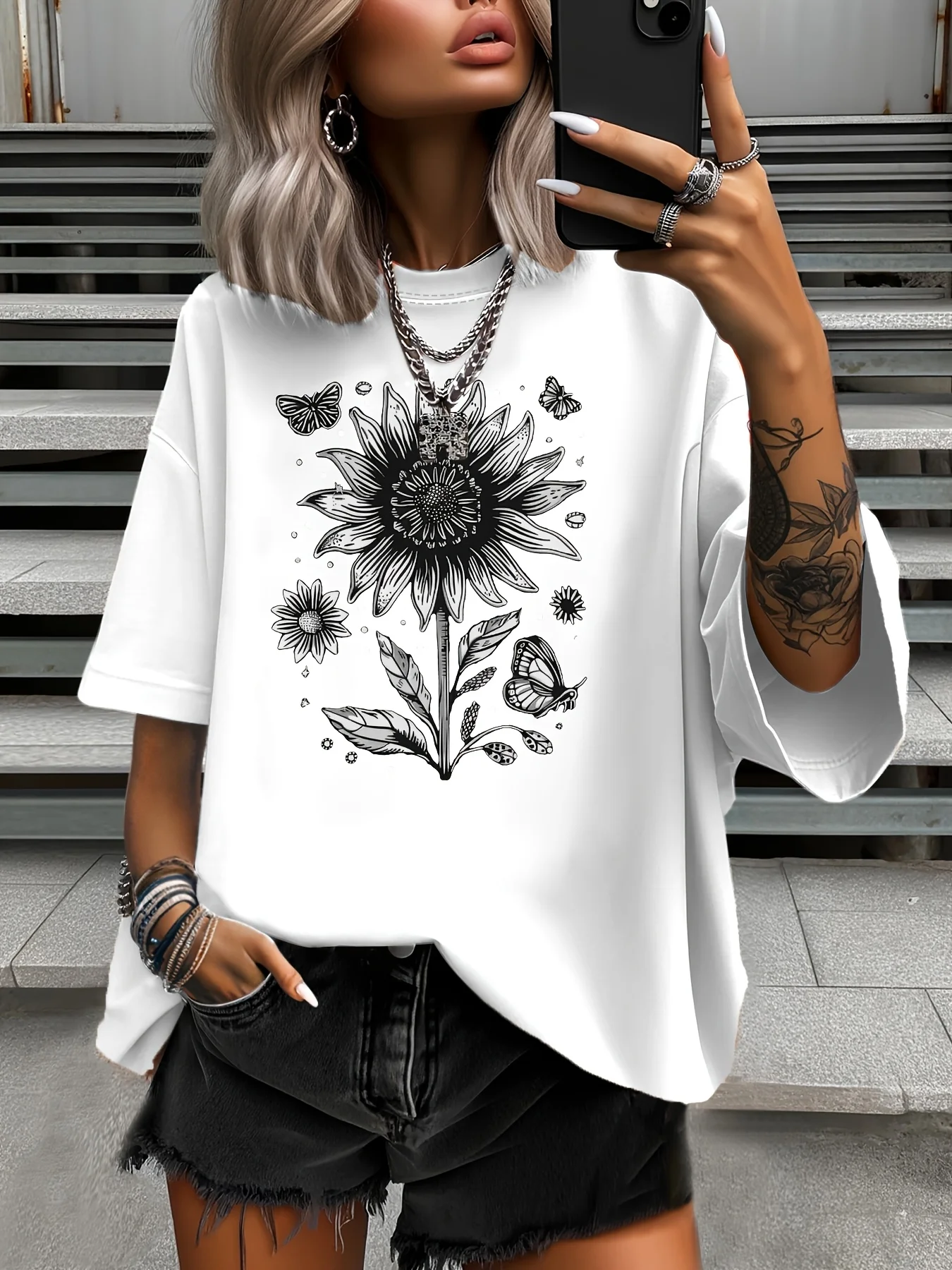 

Женская повседневная футболка больших размеров с принтом подсолнечника — мягкий синий, с коротким рукавом, круглым вырезом, легкая ткань