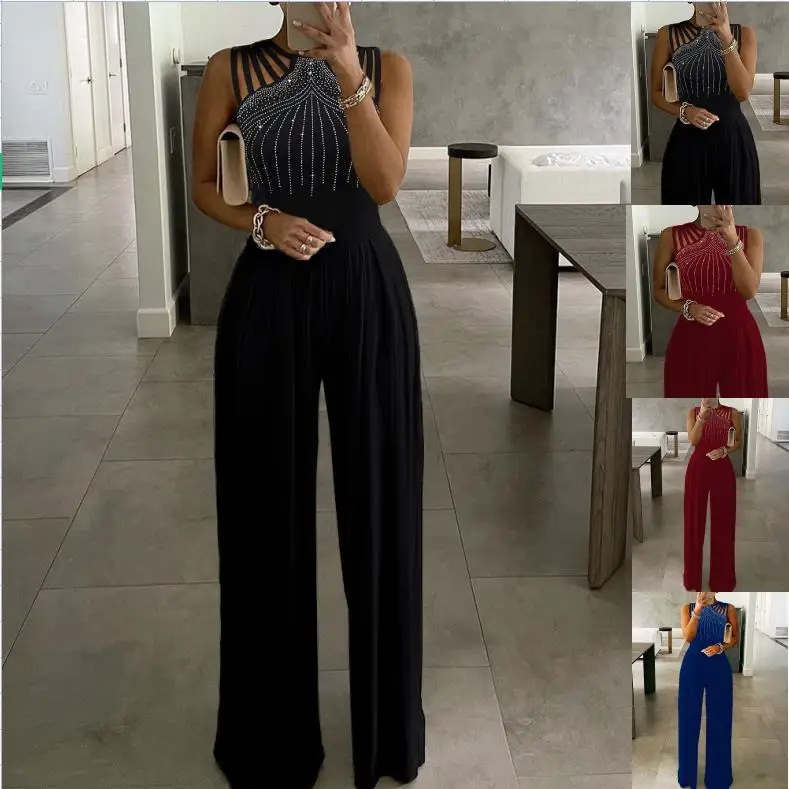

Women's Wide Leg Jumpsuit Summer High Waist Diamond Embellied One-Piece Dr Polyester Fabric Long Pants Spring