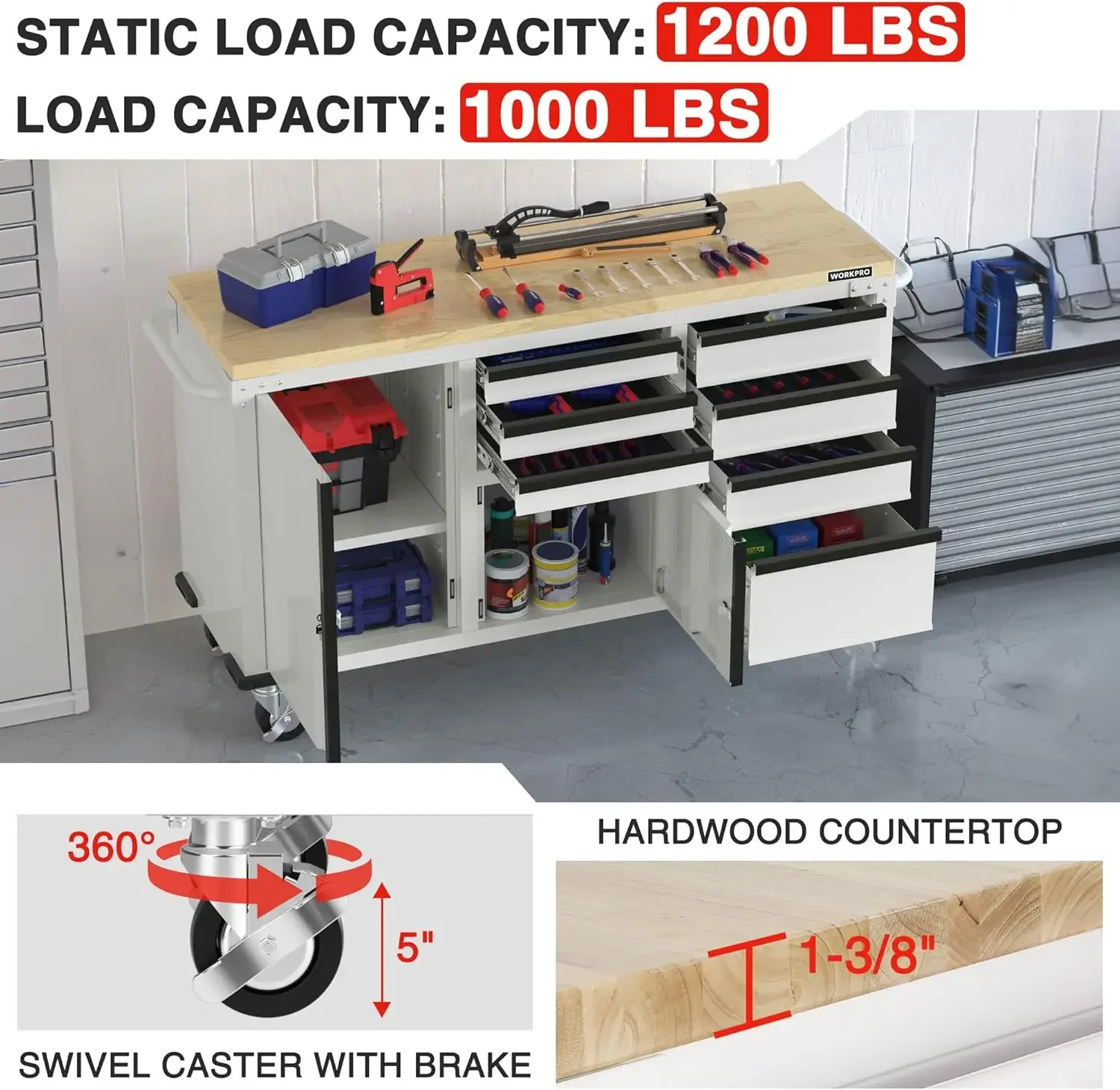 62" x 20" 7-Drawer & 2-Door Rolling Tool Chest, Mobile Tool Storage Cabinet with Power Strip, Locking System