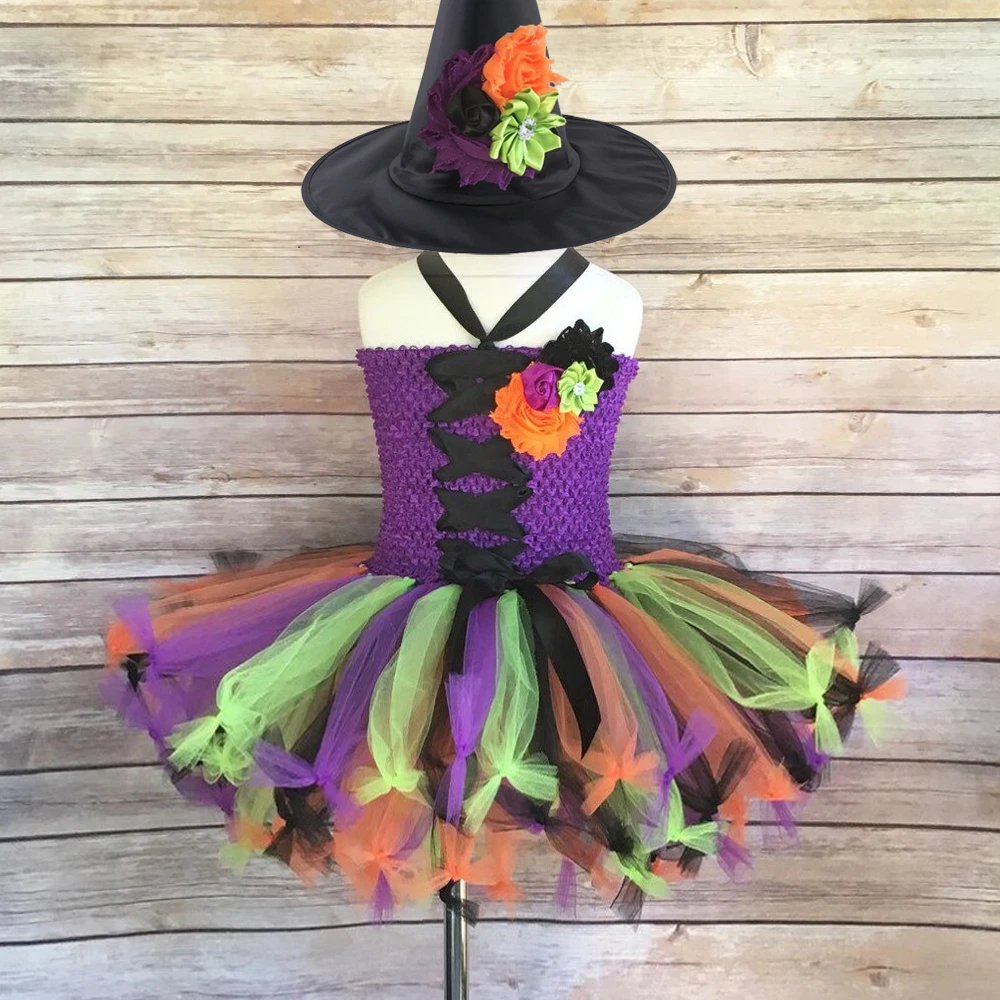 Girls Halloween Witch Costumes for Kids Carnival Party Fancy Tutu Dress with Black Hat Broom Children Sorceress Role Play Outfit