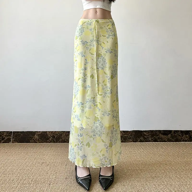 French Summer Fresh Floral Mesh Skirt Lace-Up Slim Resort Style Long Skirt