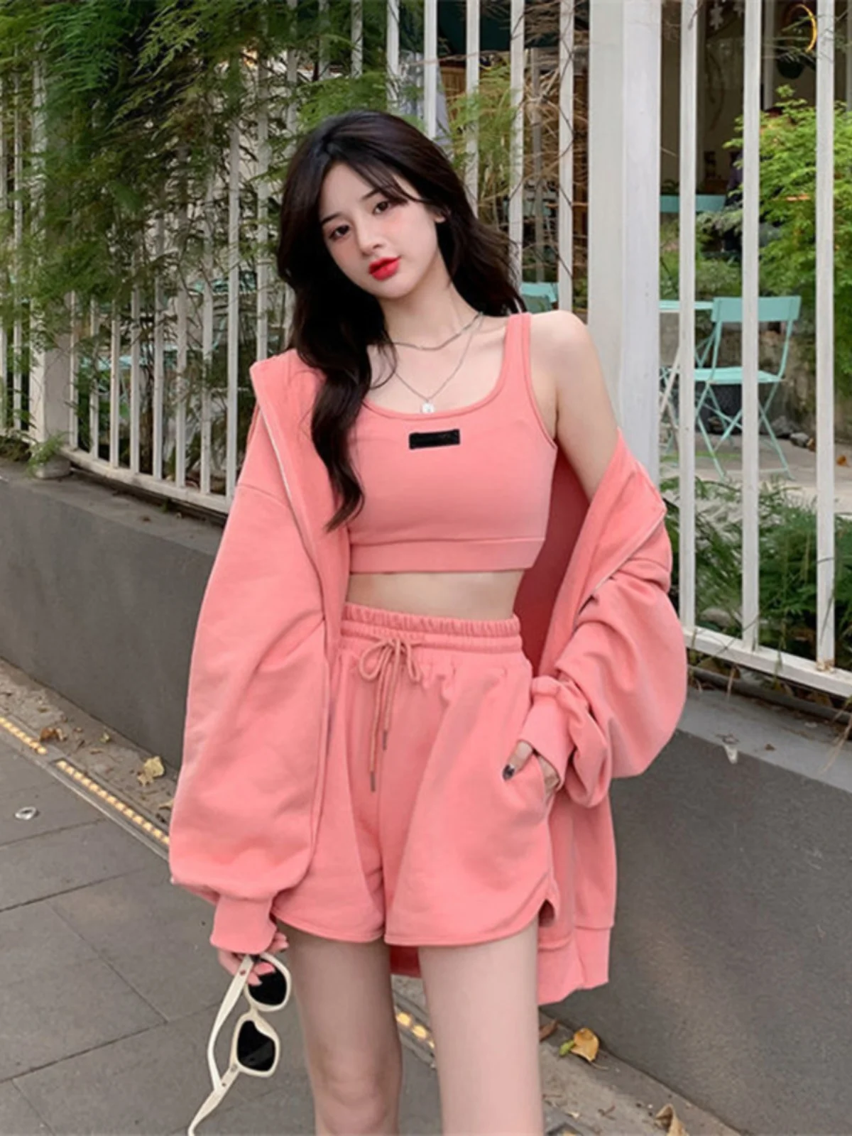 

Pink Small Size Casual Running Suit Three Piece Set Women's Spring Summer Fashionable Leisure Fitness Sun Protection Sportswear