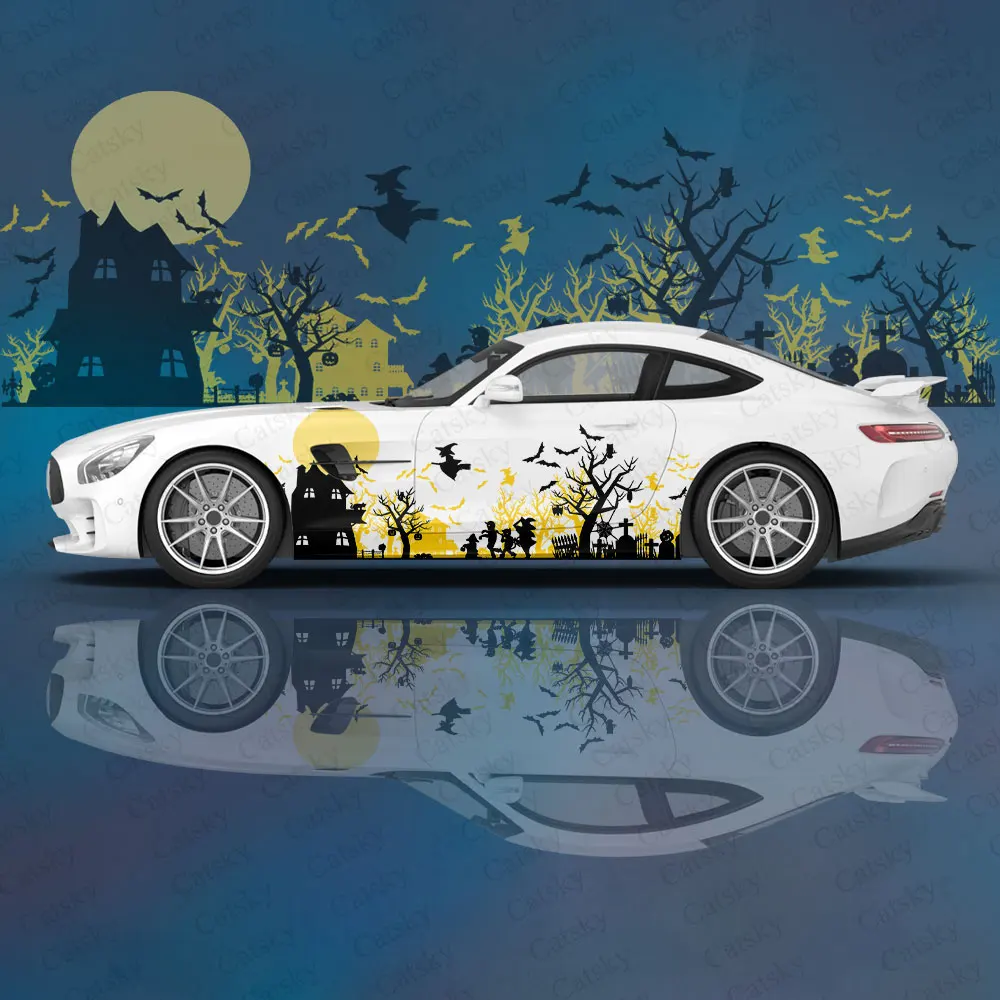 Halloween Pumpkin Print 2pcs Truck Car Sticker Decal Hood Door Body Side Sticker Decoration Halloween Bat Car  Accessories Gift