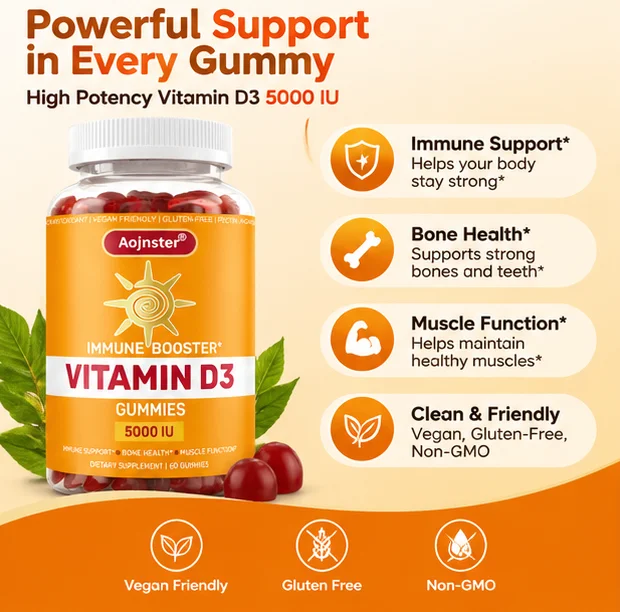 Vitamin D3 Gummies 60 Pieces Per Bottle, Portable Container, Easy To Chew, Immune Friendly Daily Nutrient Supplement