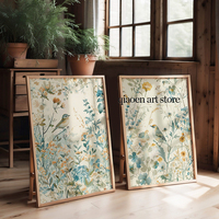 Birds Among Wildflowers Nature Poster Blue Green Beige Bird Floral Canvas Printing Flowers Wall Art Pictures for Room Home Decor