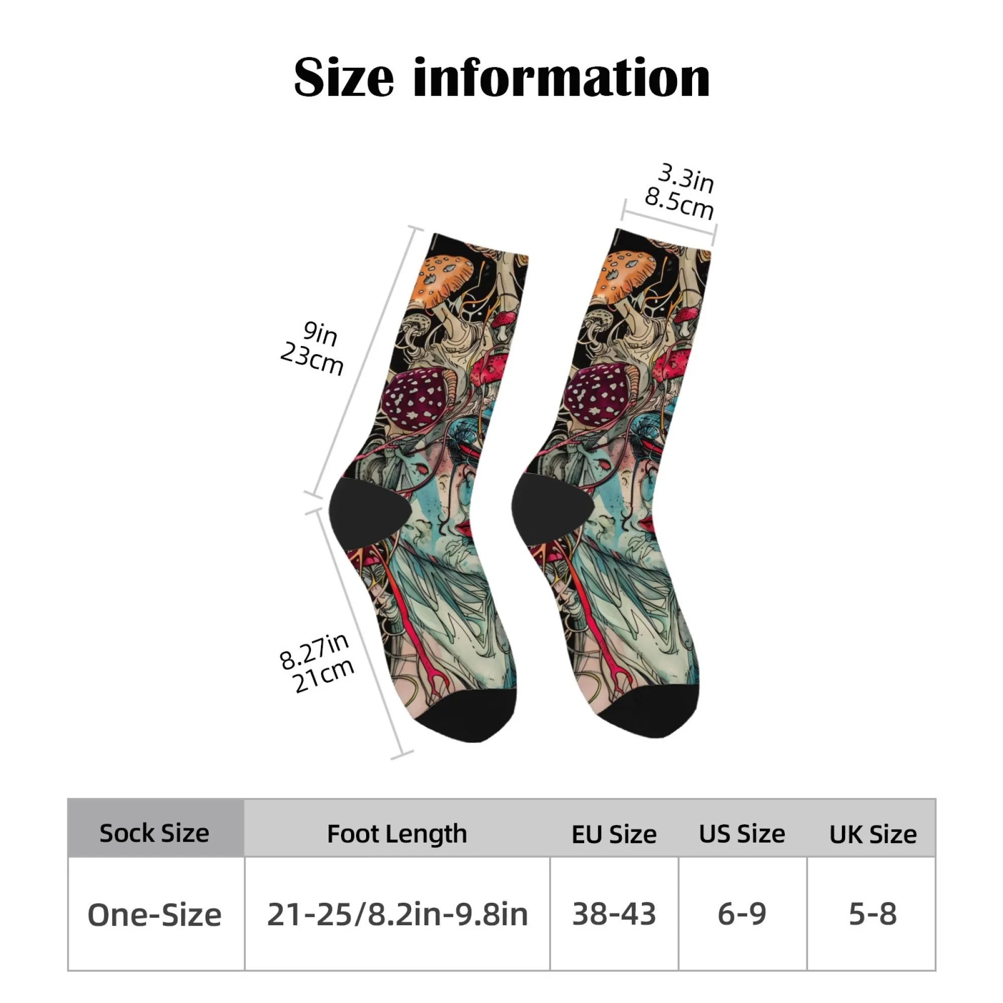 Surreal Artistic Psychedelic Socks，Face with Mushrooms Flowing Shapes Face Colorful Design Crew Socks，Novelty Crazy Street Style