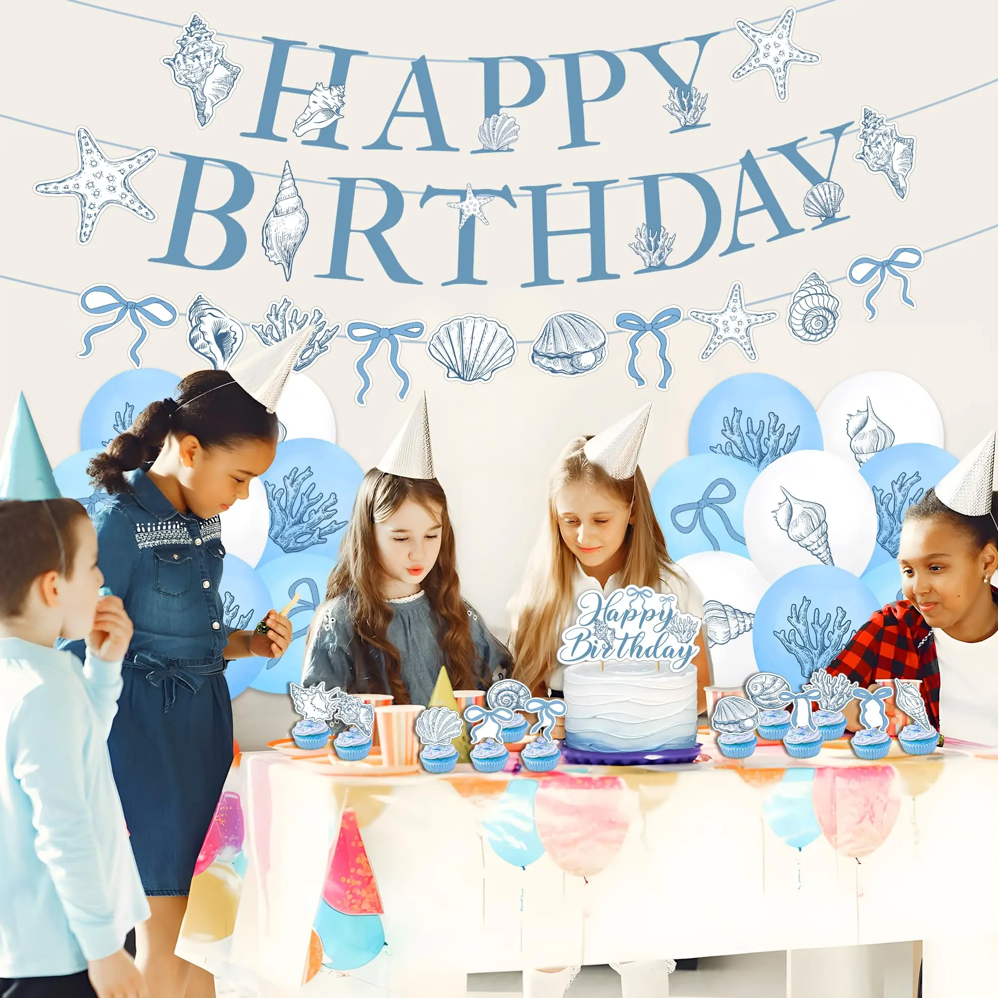 Elegant Ocean Mermaid Birthday Party Decorations Blue Bow Starfish Shell Coral Garland Banner Cake Topper Balloons Baby Shower view 3