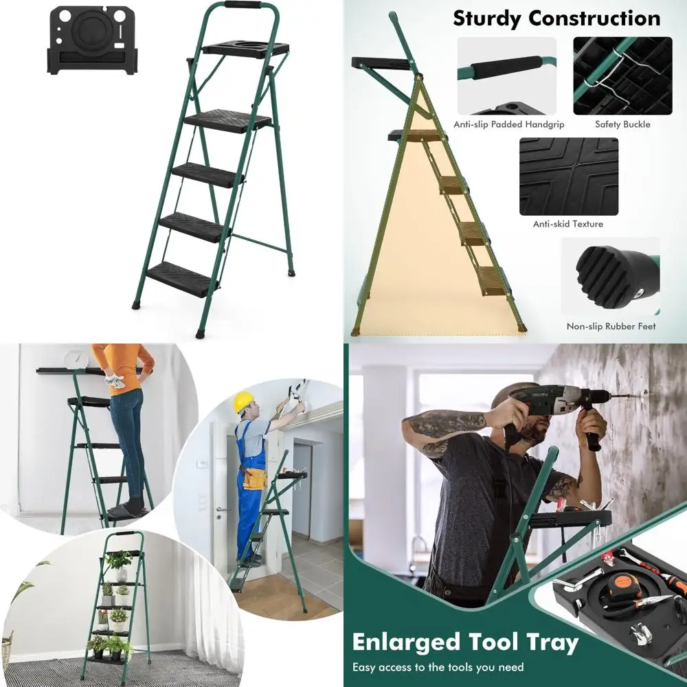

Folding Step Stool 62-Inch Tall, 4-Step Ladder with Tool Platform, Wide Anti-Slip Pedals, Handgrip, Maximum Load 330lbs, No Asse