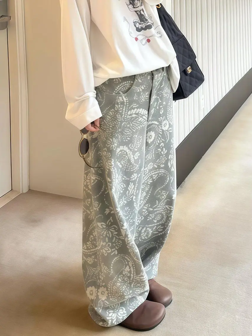 

Женские джинсы с принтом цветов кешью в американском стиле ретро, осень 2022, новые уличные широкие брюки со специями, мешковатые джинсы