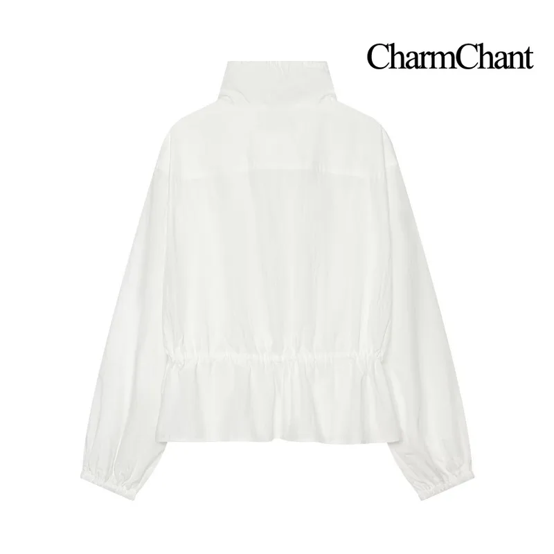 CHARMCHANT Women's Ruffled Collar Jacket Drawstring Waist Puff Sleeve Peplum Top Daily Outerwear Vacation Spring 2026