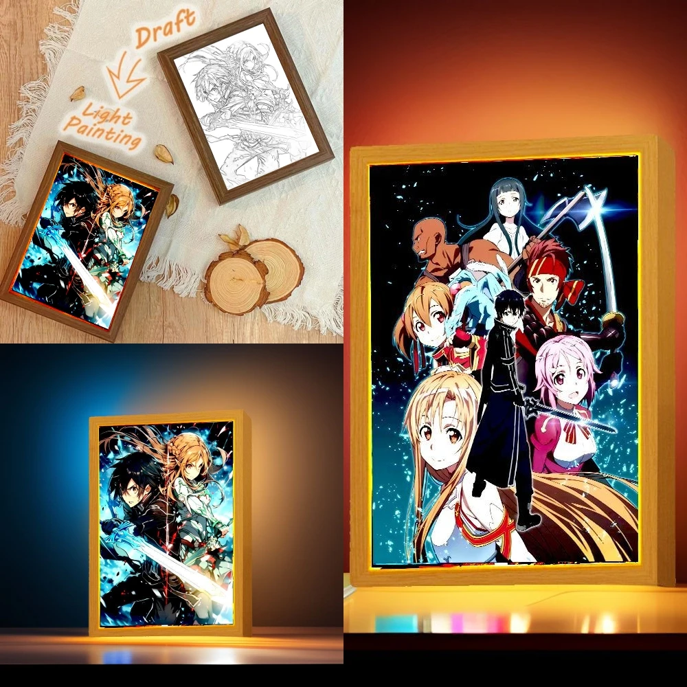 Sword Art Online Anime Figure Light Painting Photo Frame Night Light Kazuto Action Figures Room Decor Christmas Gift Collectible