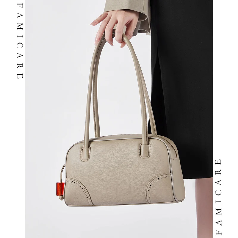 Lady Solid Color Boston Underarm Tote Bag Fashion Vintage Split Leather Pillow Handbag Minimalist Business Women Shoulder Bags