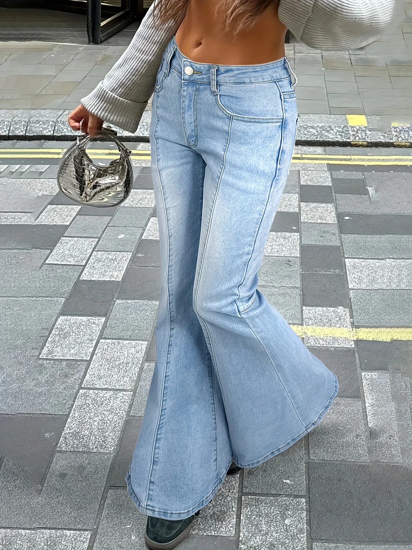 Women's Light Blue Flare Jeans - Mid-Rise, Stretch Denim with Slant Pockets, Comfort Fit with Gradient Color Design