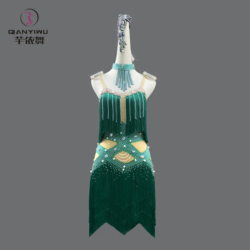 New Green Latin Dance Dress Girls Skirt Stage Costume Womens Line Party Stand Ballroom Outfit Samba Prom Sports Practice Clothes