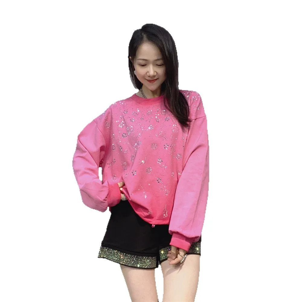 Trendy Brand Rhinestone Long Sleeve Sweatshirt for Women Fashionable Loose Casual Round Neck Short Sweatshirt for Autumn