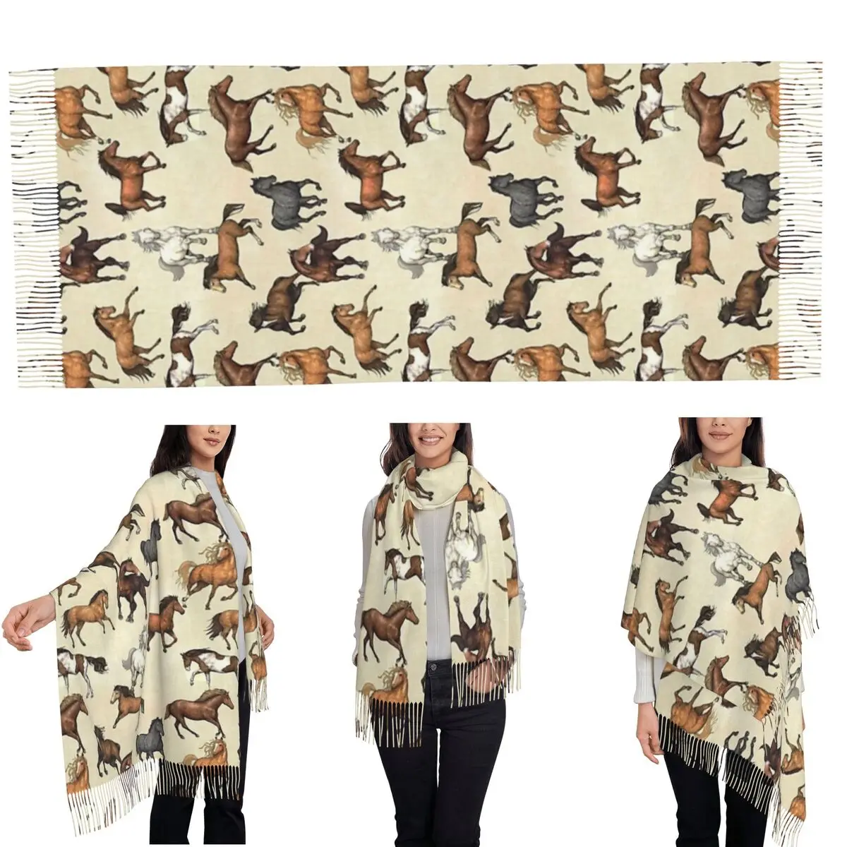 Sunset Horse Pattern Scarf Tassel Scarves Women Soft Warm Shawls and Wraps Large Fall Winter Shawl Wrap