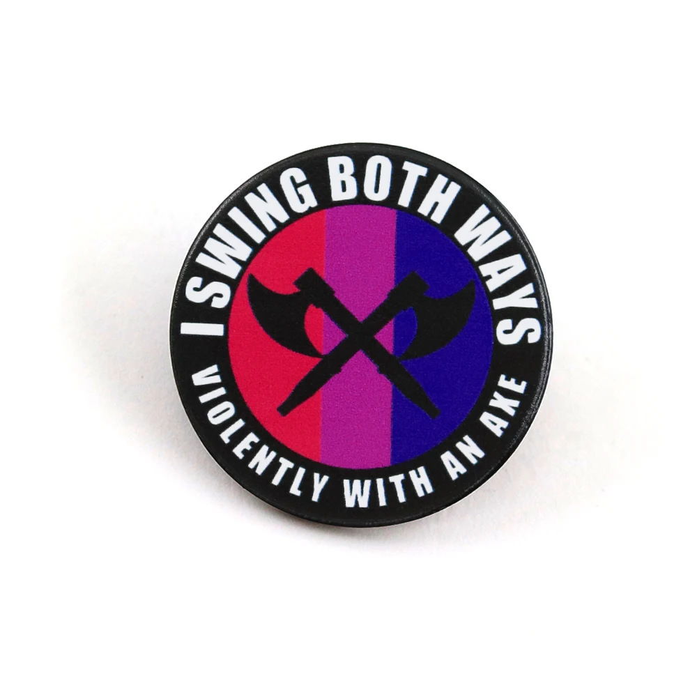 I Swing Both Ways Violently with An Axe Brooch Two Crossed Black Axes Round Badge Attitude Expression Text Lapel Pin Decoration