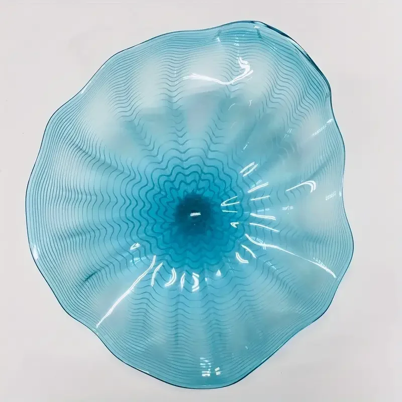 

LONGREE 1PC Hand Blown Glass Platter Lake Blue Tone Modern Hand Blown Art Decor Glass Platter Wall Decoration Wall Mount Plate