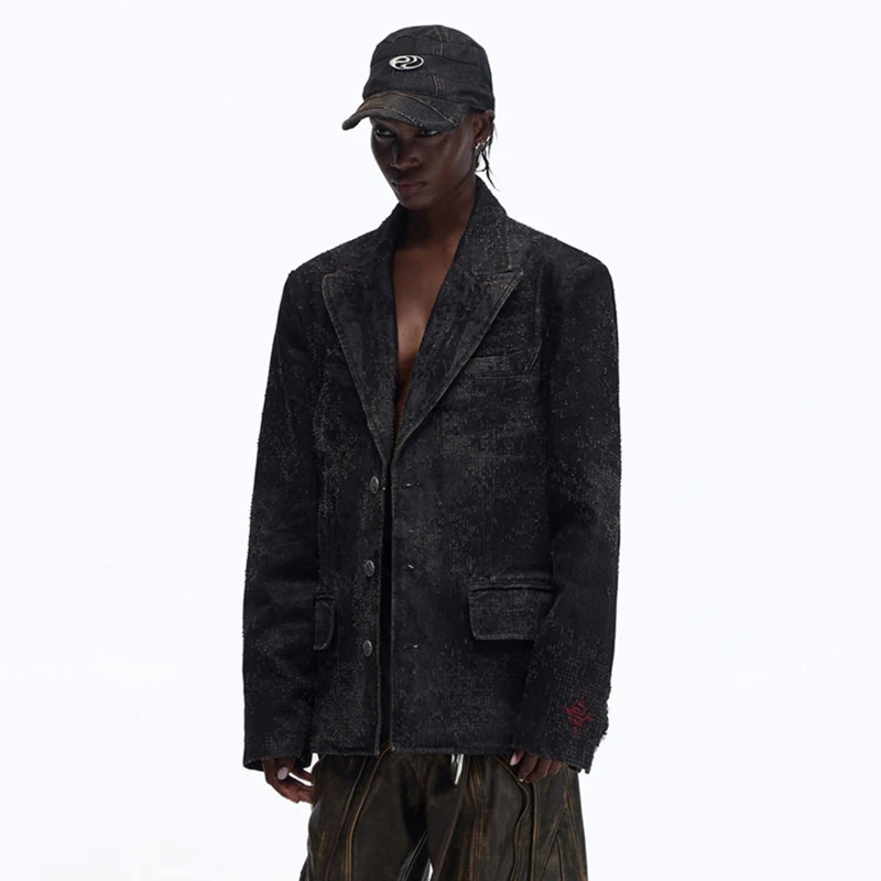 HKSH Spring Autumn New Men Dark Style Destroy Texture Embroidery Denim Blazer Trendy Fashion Washed Women Punk Suit-Coat HK16710