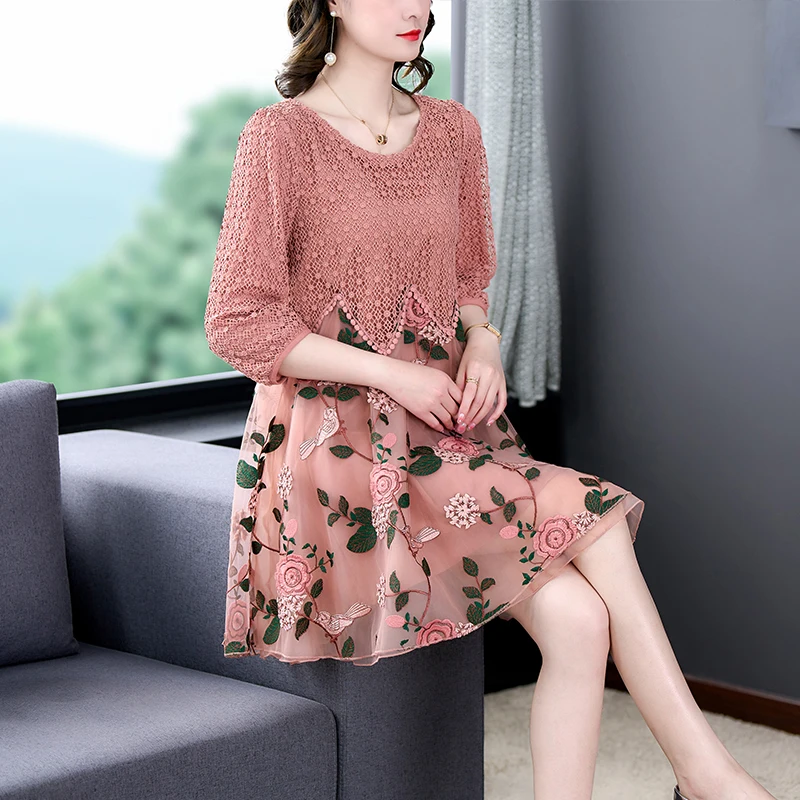 Women High Quality Pink Embroidery Natural Silk Midi Dress Summer Fashion Light Loose Dress 2024 New Korean Elegant Evening Robe