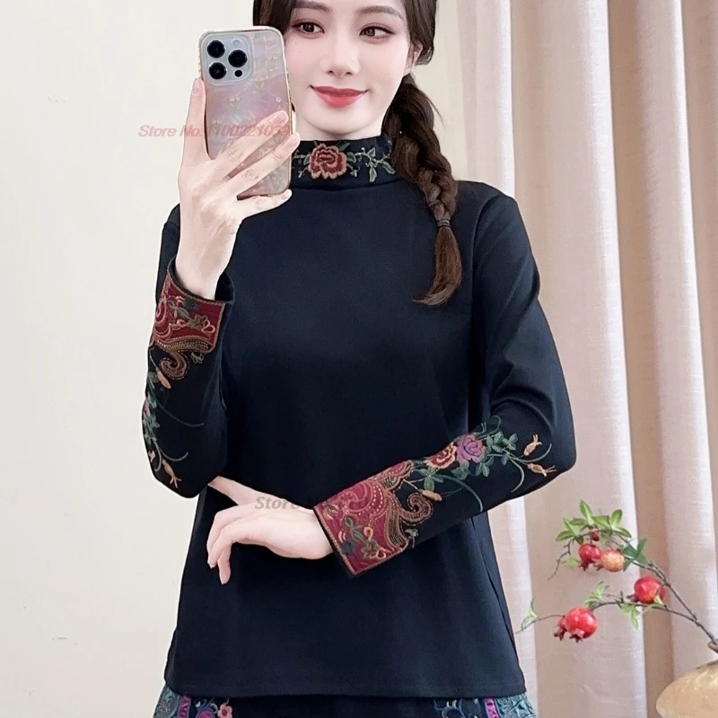

2025 national flower embroidery base shirts retro stand collar cotton-padded shirt chinese vintage hanfu tops ethnic folk shirt