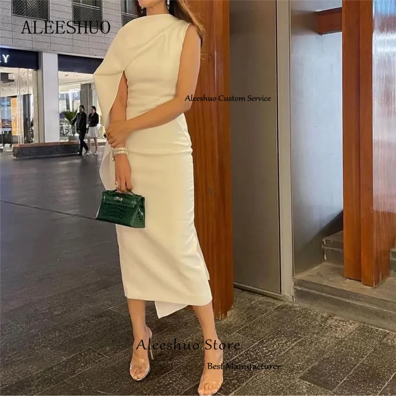 Aleeshuo Simple Satin Ivory Long Prom Dresses Mermaid Pleated One-Shoulder Evening Gowns Formal Party Dress Tea-Length 2024